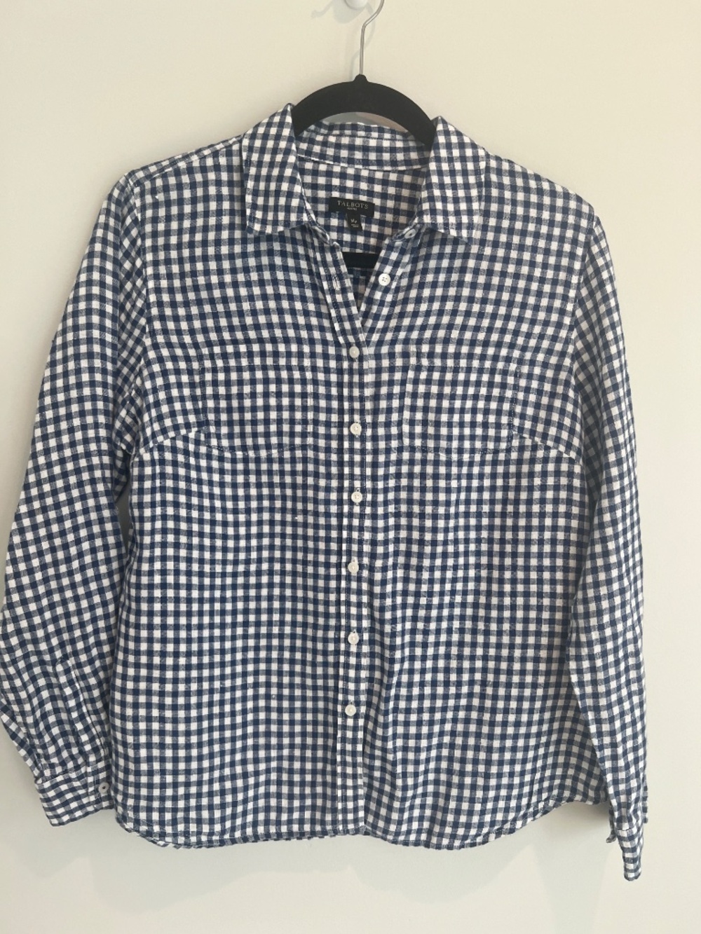 Talbots 100% Linen Gingham Button Down Shirt Roll Tab Sleeve Navy White PM